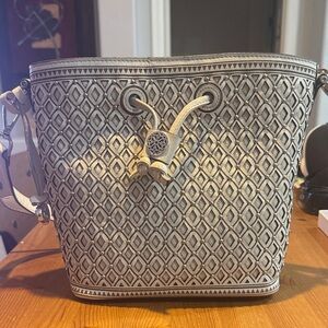 Brighton Cream Textured Drawstring Crossbody Bucket Bag